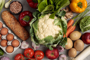 Assortment of various vegetables top view, close up