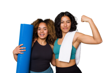 Two friends, of different ethnicities, are pumped and ready to hit the gym together.