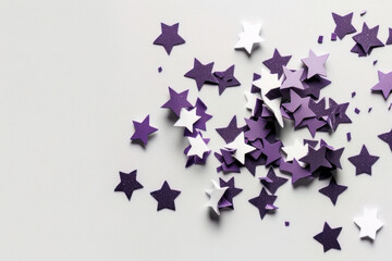 Violet confetti in the form of stars isolated on white. Illustration AI Generative