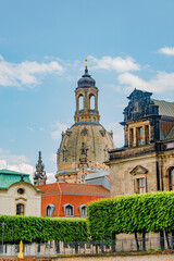 Church of Our Lady at Neumarkt square in downtown of Dresden in summer sunny day with blue sky, Germany, details, closeup.