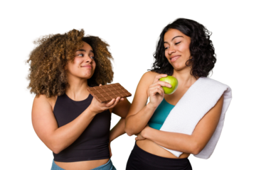 Two sporty friends strive for balance between their healthy eating and indulgent desires.