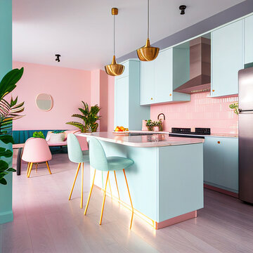 Concept of scandinavian style kitchen in pastel mint and pink colors. AI generated illustration