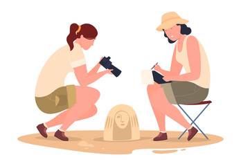 Archaeologists engage in research of ancient artefacts, excavation historically of valuable objects. Archaeological excavations. Vector illustration
