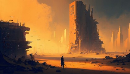 Cityscape of cyberpunk city in the desert at early evening