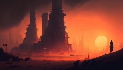 Cityscape of cyberpunk city in the desert at early evening, by a generative IA
