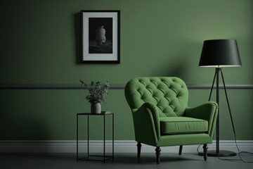 Green living room wall background with grey decorative. Illustration AI Generative