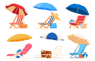 Beach chair lounger with umbrella. Summer vacation by the sea. Warm summer sunny days on vacation. Vector illustration - obrazy, fototapety, plakaty