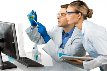 Two scientists conducting research isolated on white background