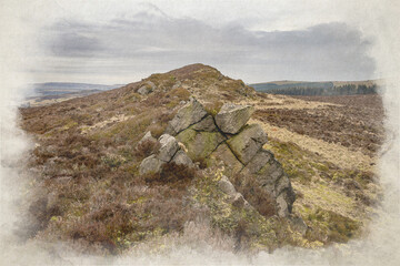 Digital watercolour painting of a bleak winter view of Baldstone, and Gib Torr in the Peak District National Park.
