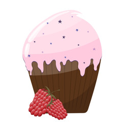 Cupcake with a parcel with stars and raspberries. Delicious dessert, confectionery cake.
