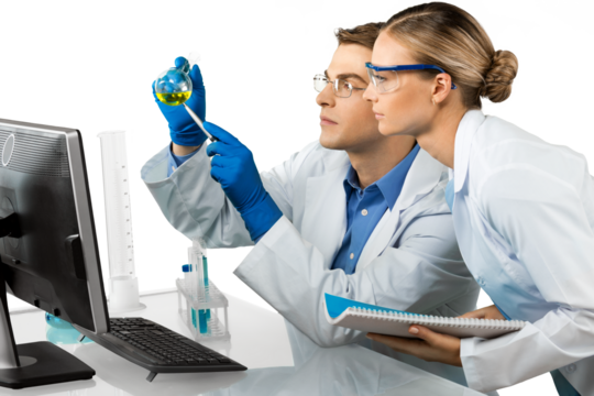 Two scientists conducting research isolated on white background