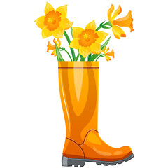 Rubber boot with daffodils. Cute rain boot with flower plants: cartoon spring print, card, poster vector illustration
