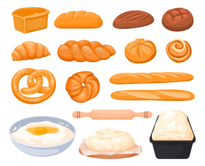 Bakery products made from flour. Delicious flavored pastries. Kneading and baking dough. Vector illustration