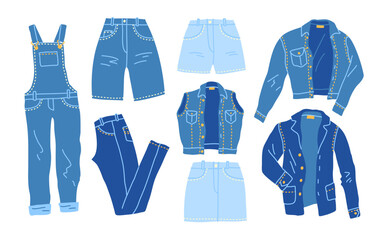 Vector blue jeans clothing set. Cotton jeans apparel man woman with stitches details and buttons folded flat. Denim unisex vest, jacket, pants and skirt illustration