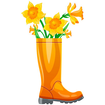 Rubber boot with daffodils. Cute rain boot with flower plants: cartoon spring print, card, poster vector illustration