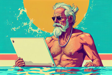 Obraz na płótnie Canvas Illustration of elderly man with laptop by the pool, Generative Ai