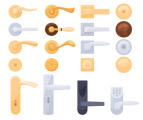 Set of different door handles. Locks handles on the door in the house, hotel. Vector illustration