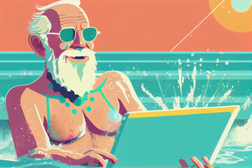 Illustration of elderly man with laptop by the pool, Generative Ai - 580615586