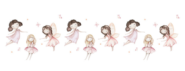 Fairy and Flowers watercolor isolated kids illustration for girls. Cartoon pink magic girl baby shower poster. Happy Birthday kid card