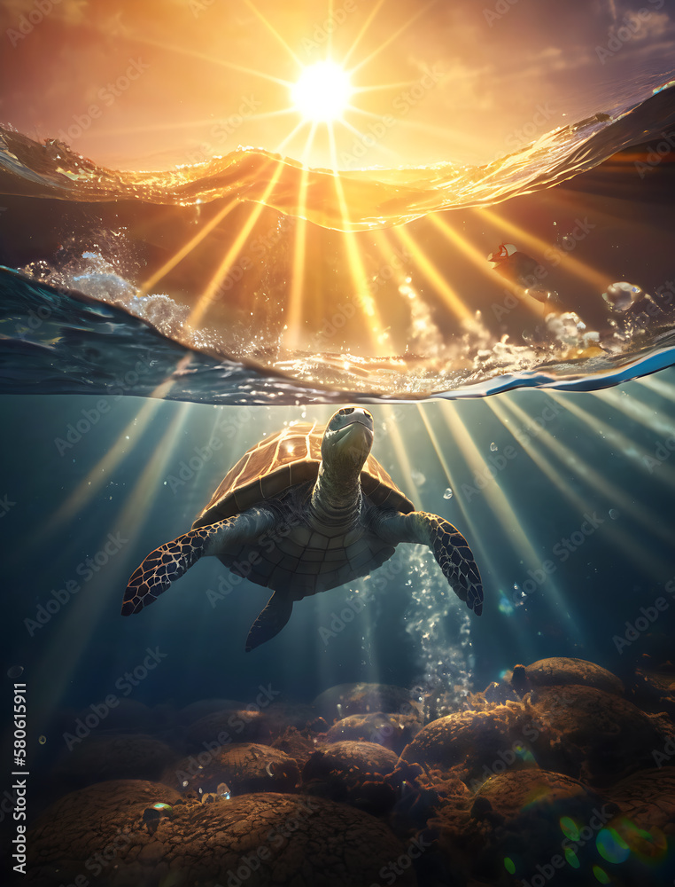 Wall mural Little sea turtle swim in the ocean floor, scenic GALAPAGOS ISLAND, generative ai