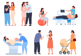 Different stages of a woman pregnancy. Gestation and birth of a child. Family preparing to become parents. Vector illustration
