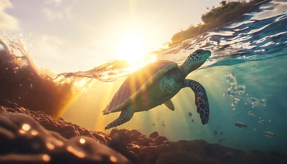 Foto op Canvas sea turtle swimming in the sea, Little sea Tortoise swim in the ocean floor, scenic GALAPAGOS ISLAND, generative ai © 1by1step