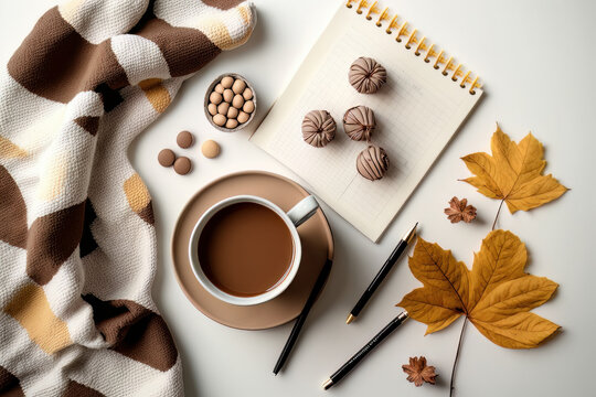 Autumn cozy composition. A cup of coffee plaid on a white. Illustration AI Generative