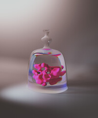 Macro cell of organic shape and pink color under glass hood. Background with copy space. Warmth and softness to design, sense of protection and containment. 3d render, 3d illustration.