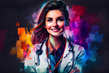 A smiling female doctor against a dark background, featuring soft colors and a gentle artistic style, generative ai illustration
