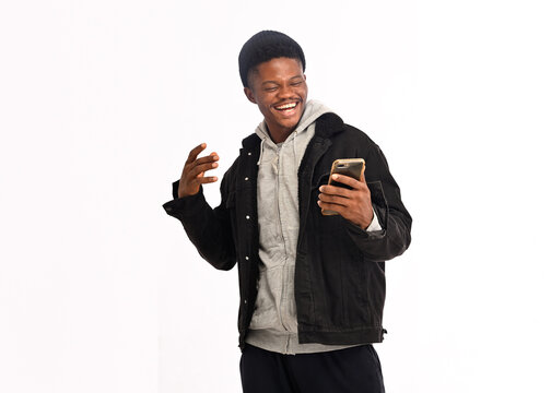 Excited Black african male Coach rehearsing for social media, video call or training blog update on running goals. Athlete, runner or african person with exercise, cardio or workout profile picture 