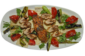 Turkish cuisine tavuk şiş and Mediterranean cuisine, spacial dishes and appetizers. Restaurant and food photography