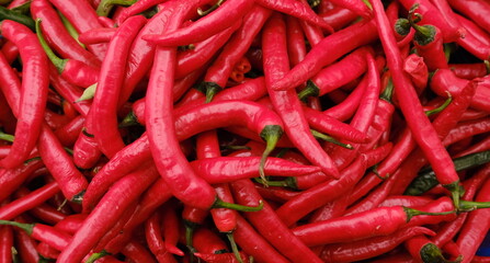 Close up fresh hot red chilli peppers from organic market