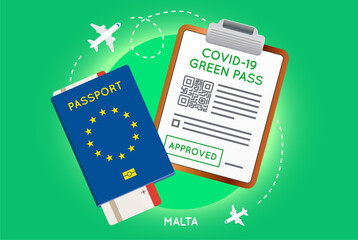 Covid-19 immunity passport with QR code. Vaccination or negative coronavirus test green valid certificate. European Passport with Flight Ticket and Approved Green Pass.