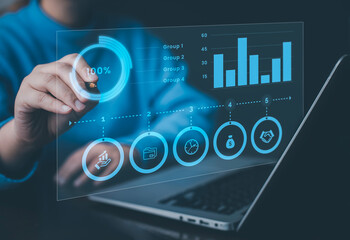 Working on laptops with Planning analysis and Project management online, Business people working laptops with the Project manager, software development or project management, boards on screen. Process