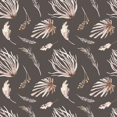 Watercolor boho seamless pattern with hand painted tropical dried palm leaves, pampas branches and cherry flowers. Romantic floral bohemian background for wedding invitation, trendy fabric textile
