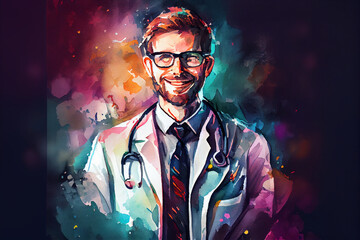 A smiling female doctor against a dark background, featuring soft colors and a gentle artistic style, generative ai illustration