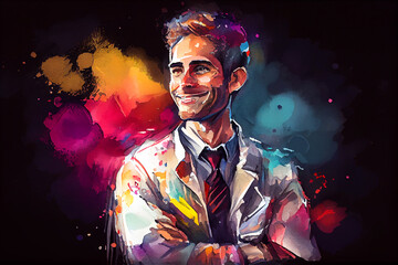 A smiling female doctor against a dark background, featuring soft colors and a gentle artistic style, generative ai illustration