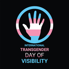 Fototapeta premium International Transgender Day of Visibility vector illustration. Transgender flag in hand shape icon isolated on black background. Transgender Day of Visibility Poster. Important day