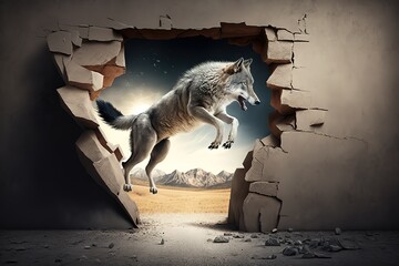 wolf jumping out of a fault in the wall, AI generated