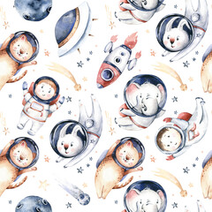 Astronaut seamless pattern. Universe kids Baby boy girl elephant, fox cat and bunny, space suit, cosmonaut stars, planet, moon, rocket and shuttle watercolor space ship background