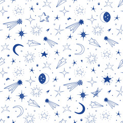 Seamless pattern of hand drawn stars and space objects sketch stock illustration