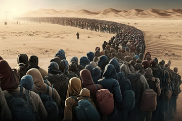 mass illegal immigration. crowd of refugee and migrant escaping in desert. generative ai