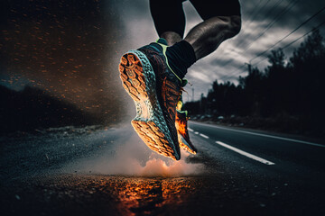 Photo behind legs of athlete running on the road trail in sunset training for marathons and fitness. Created with Generative AI Technology