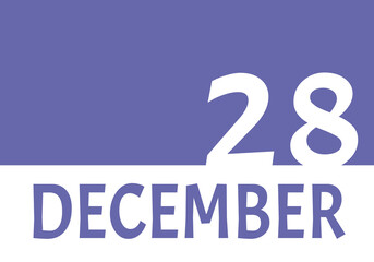 28 december calendar date with copy space. Very Peri background and white numbers. Trending color for 2022.