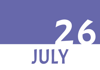 26 july calendar date with copy space. Very Peri background and white numbers. Trending color for 2022.