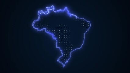 Neon Blue Brazil Map Borders Outline Loop Background. Neon Blue Colored Brazil Map Borders Outline Seamless Loop Dark Background. Brazil Neon Map Borders Outline.