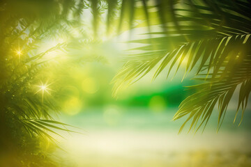 Blurred beautiful nature green palm leaves on tropical beach with sun bokeh lights abstract background. AI generated
