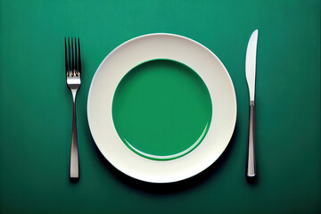 Clean empty plate with knife and fork on green background place setting top view. AI generated