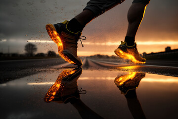 Photo beside legs of athlete running on the road trail in sunset training for marathons and fitness. Created with Generative AI Technology