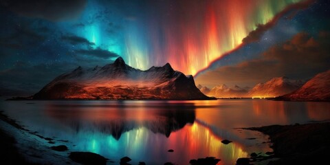 Aurora borealis in spectacular rainbow colors high above cold tundra mountain landscape, Northen polar lights night sky storm, bright vivid reflections, curtains and rays - generative AI